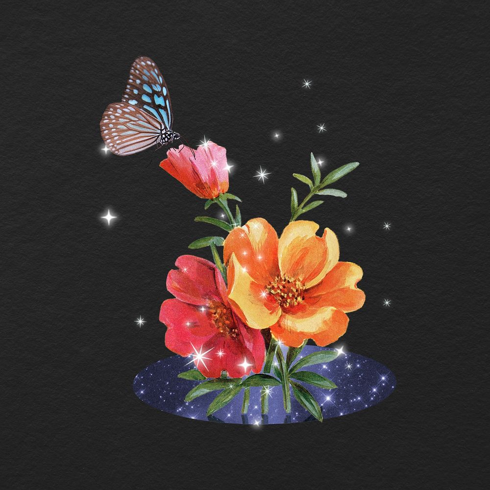 Aesthetic botanical clipart, flower and butterfly design psd