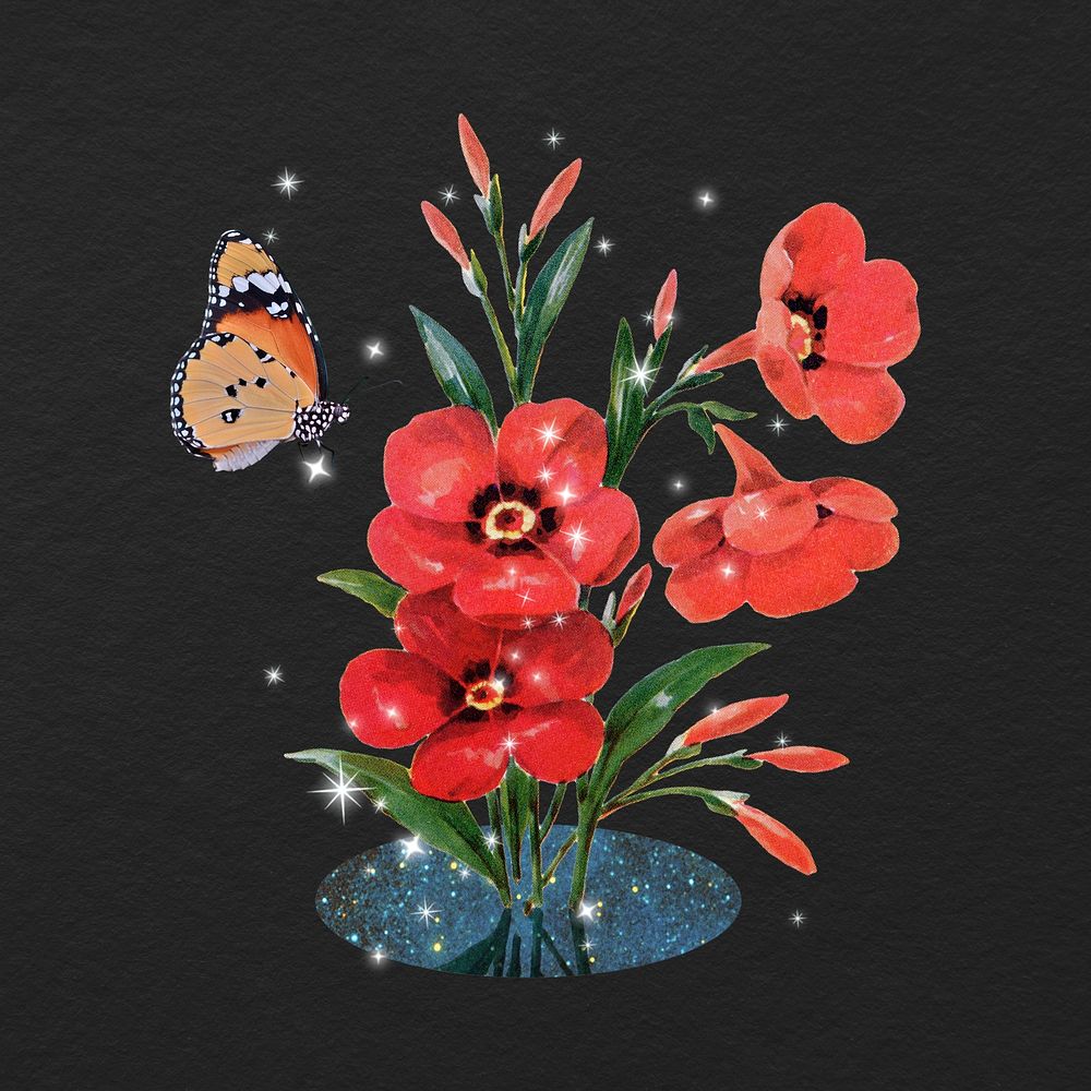 Red flower clipart, butterfly design psd
