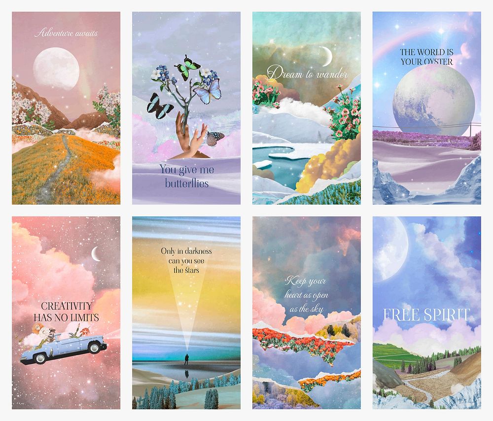 Surreal landscape Instagram story templates set, digital magical realism collage art vector
