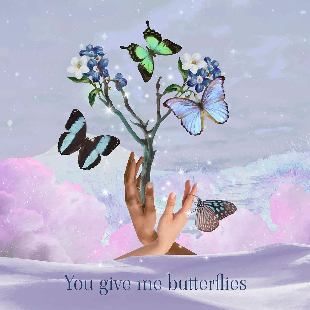 Butterflies collage Facebook post template, aesthetic hands design vector