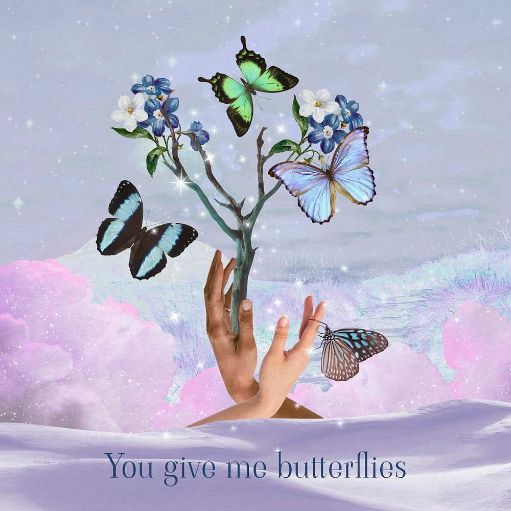 Butterflies collage background, aesthetic hands design