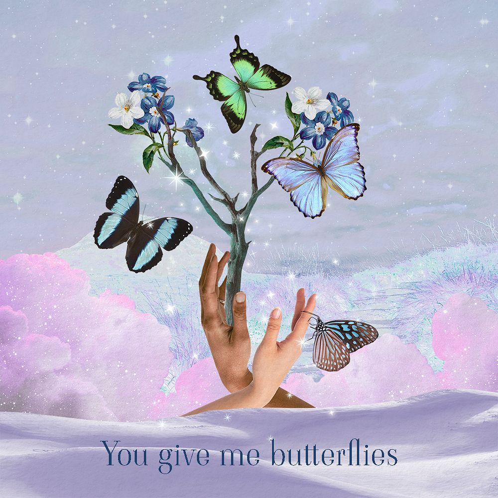 Butterflies collage Instagram post template, aesthetic hands design psd