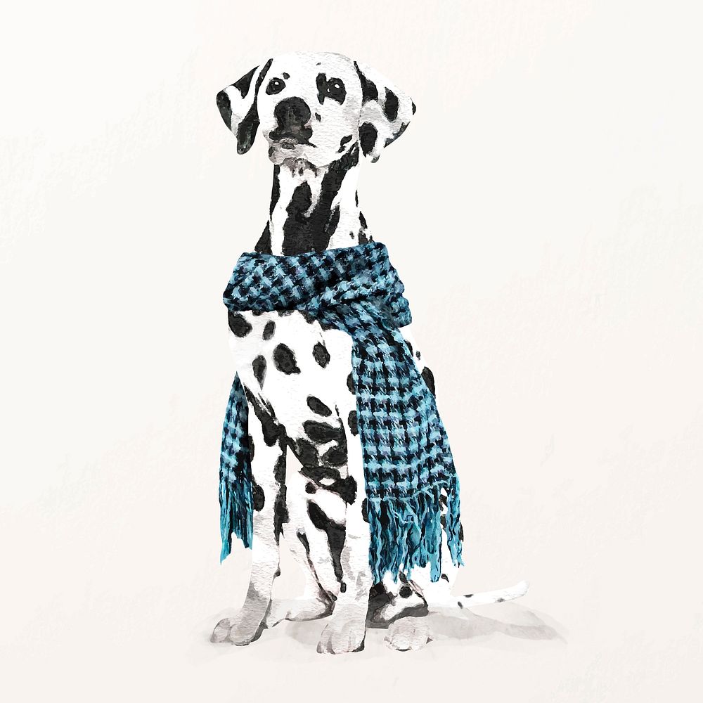 Watercolor Dalmatian dog illustration vector wearing scarf, cute pet painting 