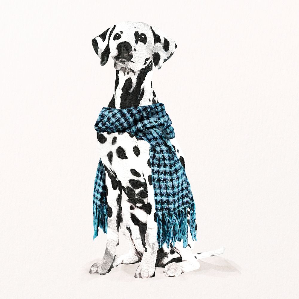 Watercolor Dalmatian dog illustration psd wearing scarf, cute pet painting 