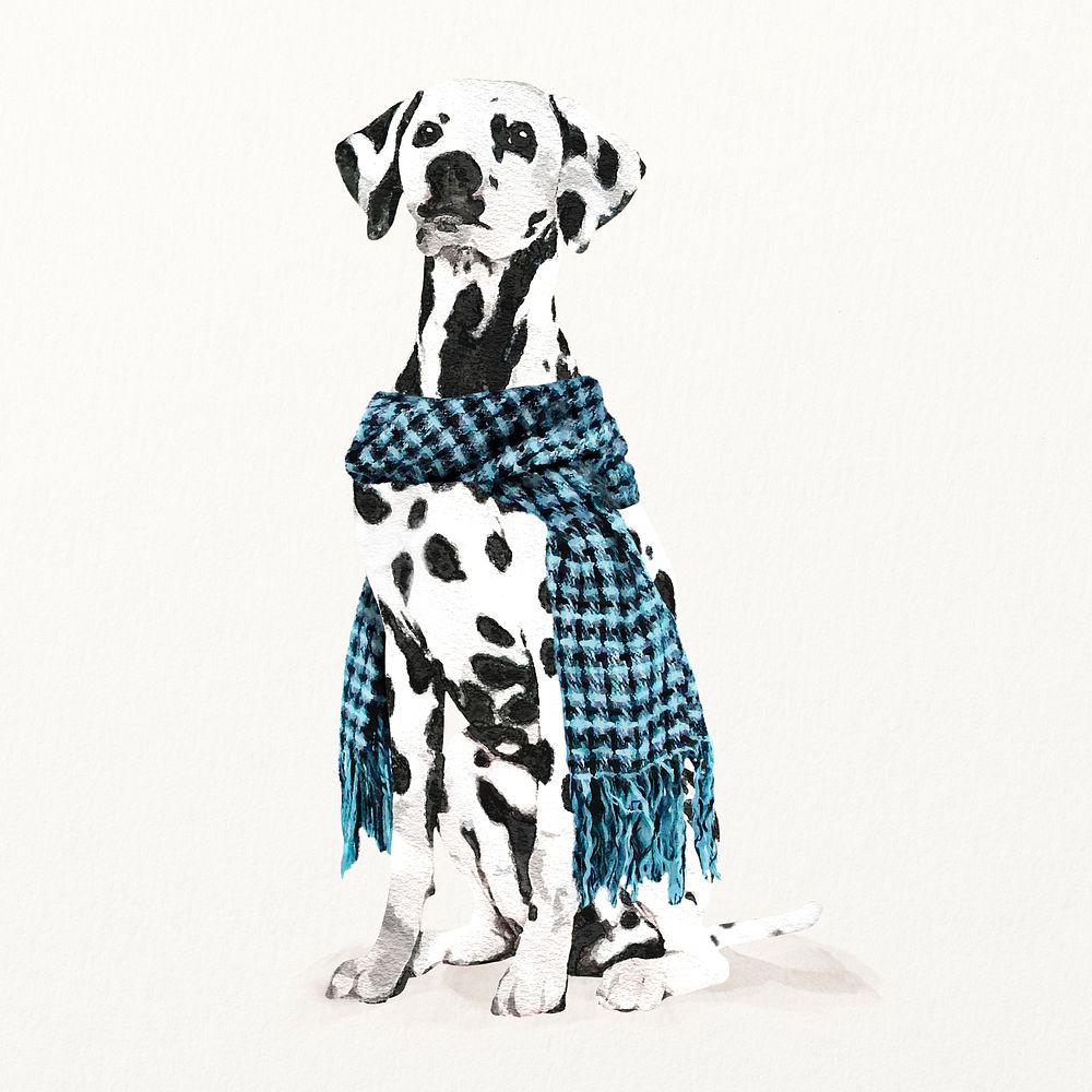 Watercolor Dalmatian dog illustration wearing scarf, cute pet painting 