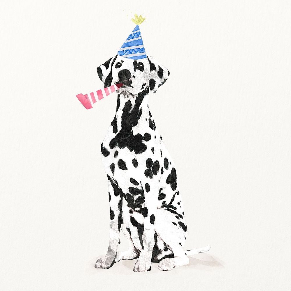 Watercolor Dalmatian dog illustration with birthday party hat & party popper