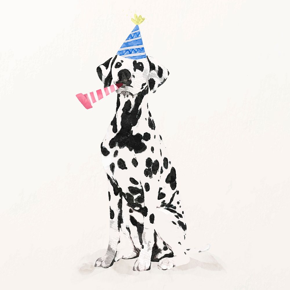 Watercolor Dalmatian dog illustration vector with birthday party hat & party popper