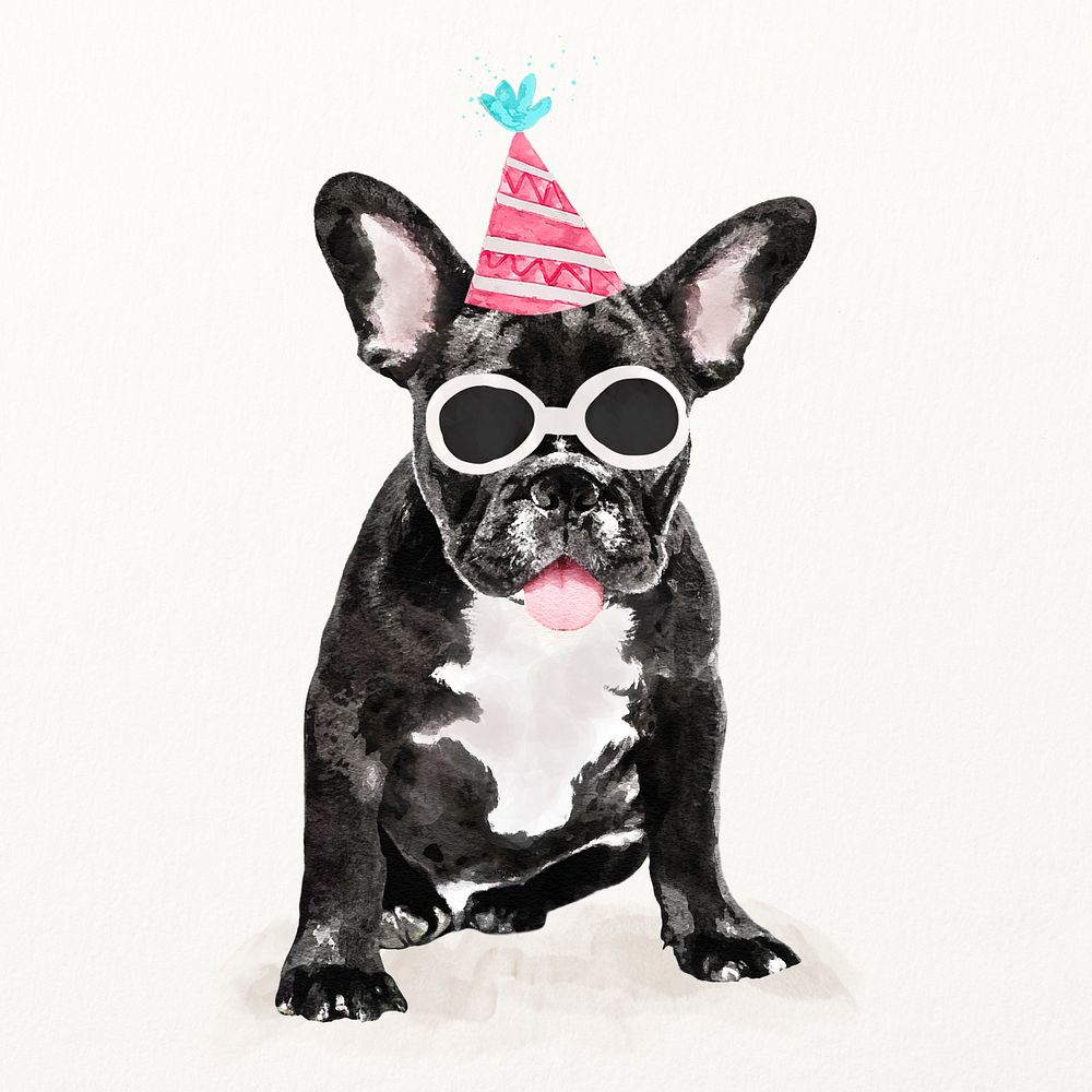 French bulldog illustration birthday party hat, cute pet painting