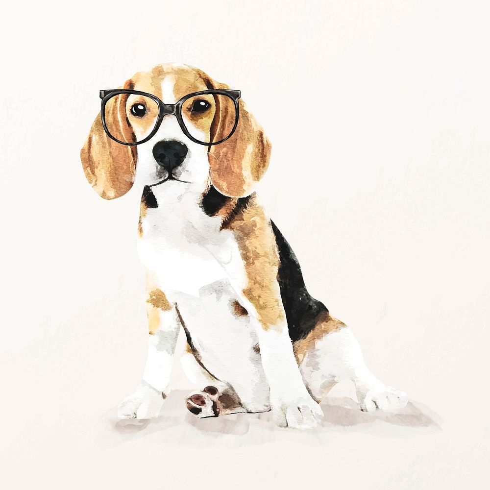 Cute beagle dog illustration vector wearing glasses, adorable pet painting 