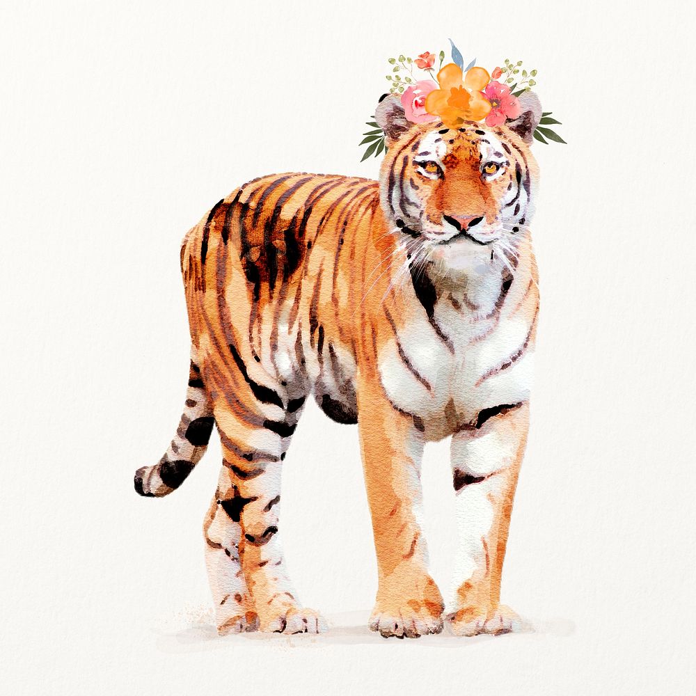 Tiger with wreath illustration in watercolor