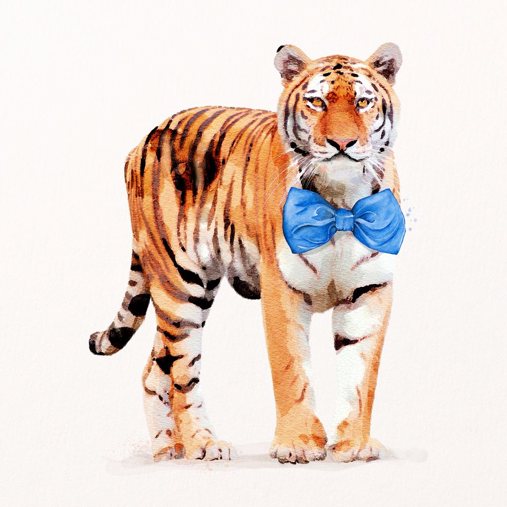 Tiger wearing bow tie illustration psd in watercolor