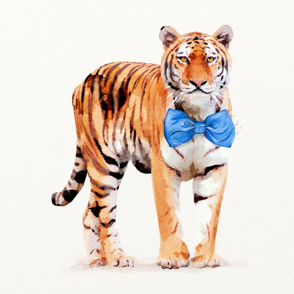 Tiger wearing bow tie illustration in watercolor