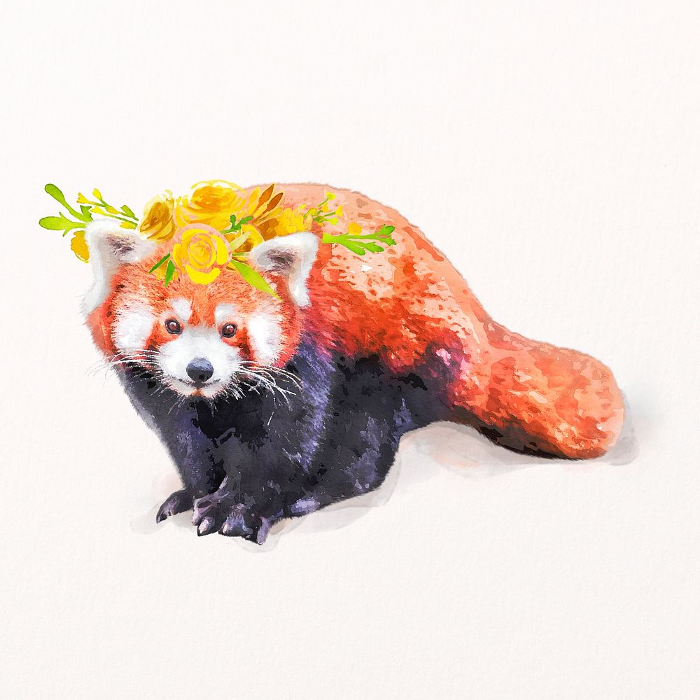 Red panda wearing wreath illustration psd in watercolor