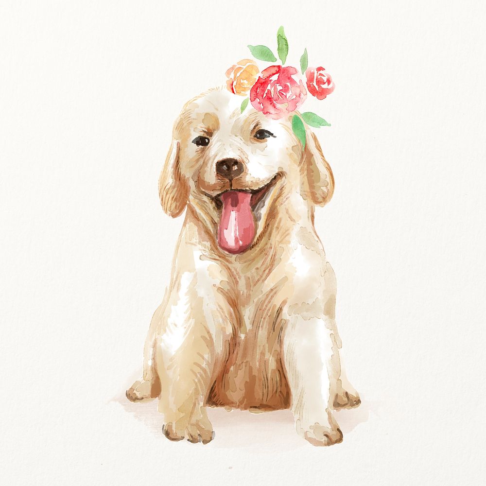 Golden retriever puppy illustration with flower headpiece