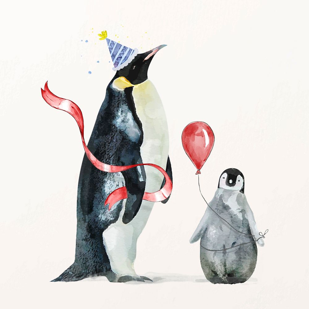 Penguins illustration vector with birthday party hat & balloon