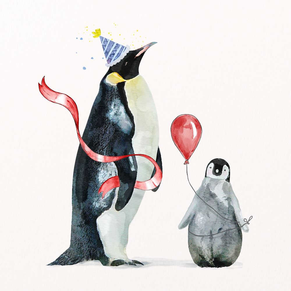 Penguins illustration psd with birthday party hat & balloon