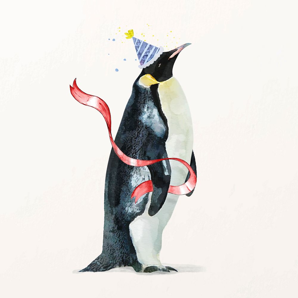 Penguin illustration vector with birthday party hat & ribbon