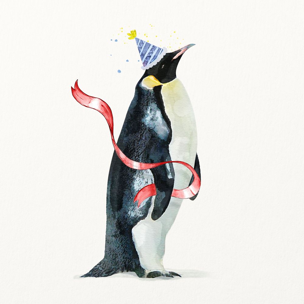Penguin illustration with birthday party hat & ribbon