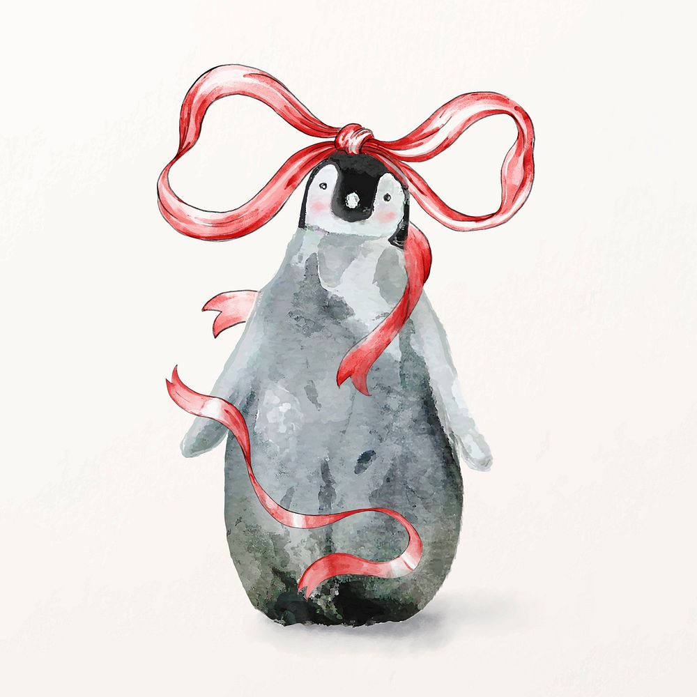 Cute penguin illustration vector wearing bow ribbon