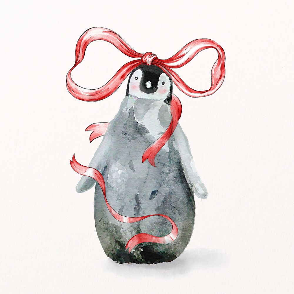 Cute penguin illustration psd wearing bow ribbon