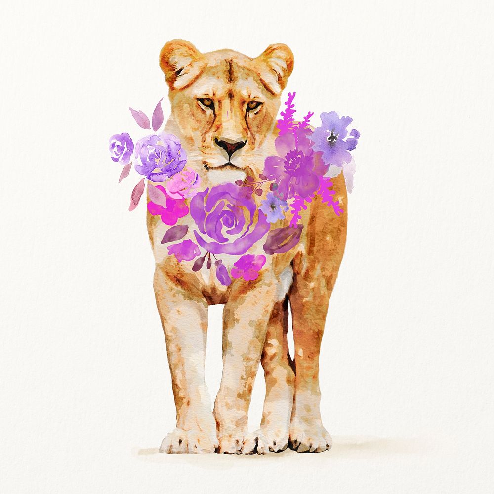 Watercolor lioness illustration wearing flower wreath 