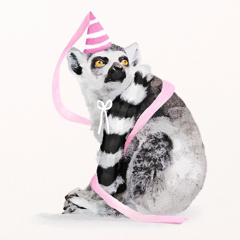 Lemur illustration psd with birthday party hat & ribbon