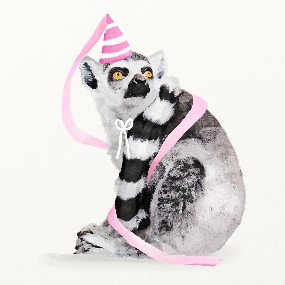 Lemur illustration with birthday party hat & ribbon