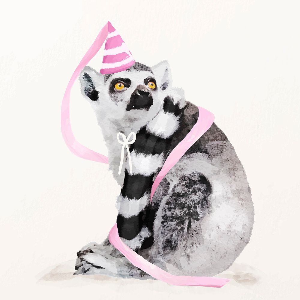 Lemur illustration vector with birthday party hat & ribbon