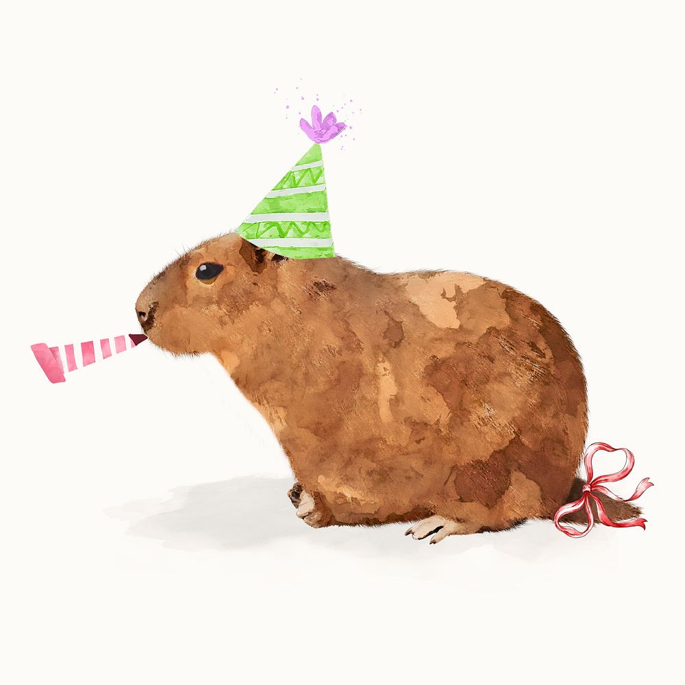 Birthday character watercolor illustration, cute Capybara