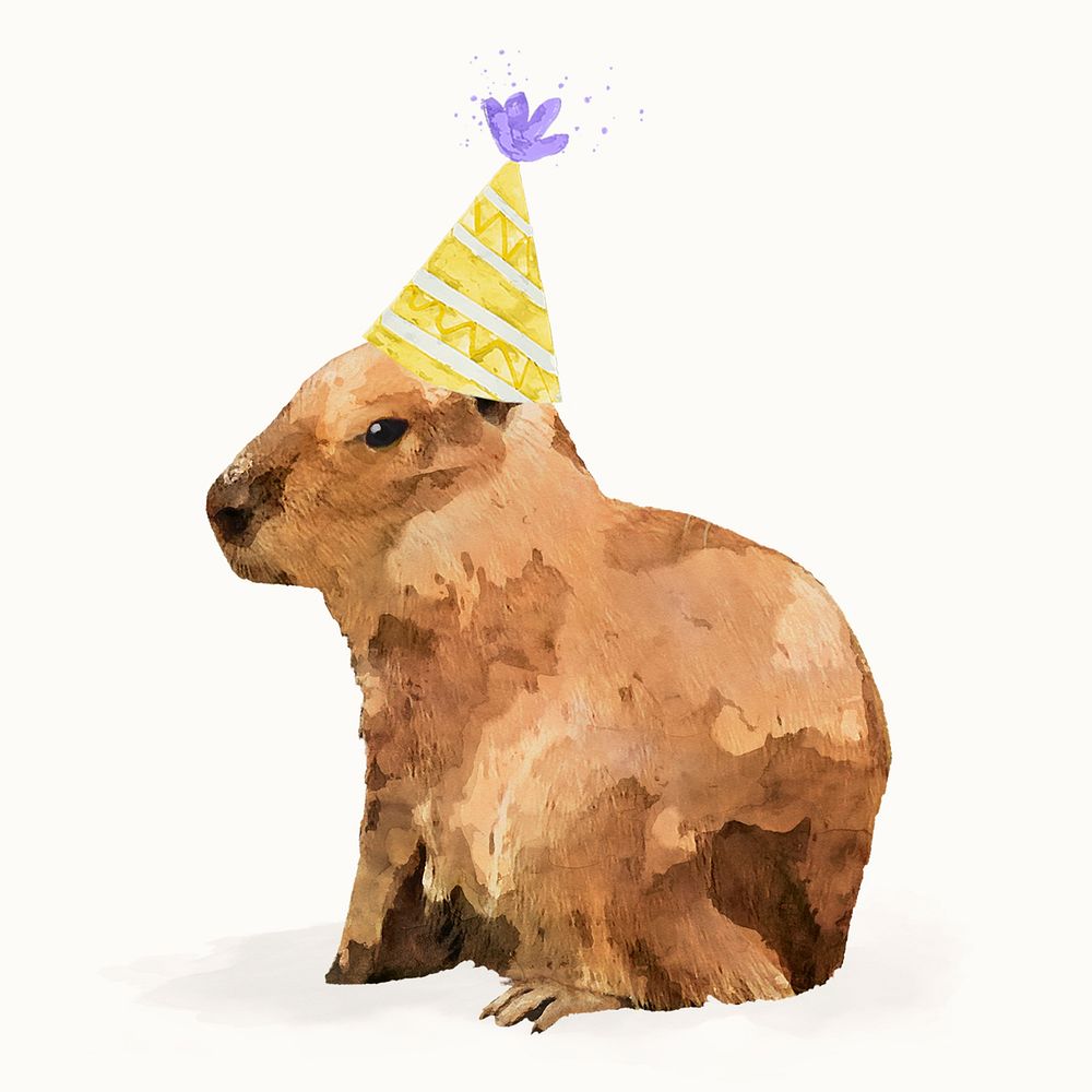 Capybara with party hat watercolor illustration, cute animal design