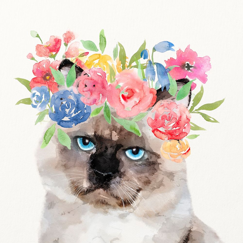 Cat with wreath watercolor illustration, Ragdoll