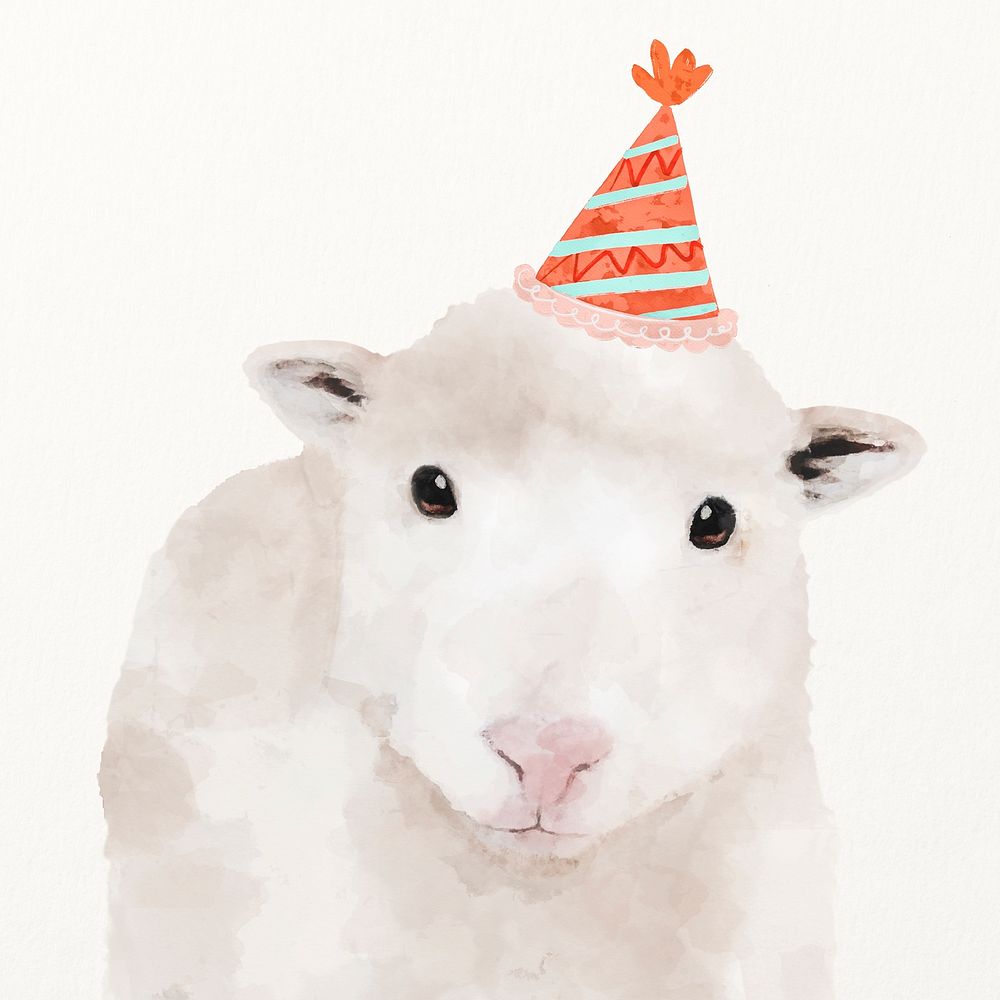 Party lamb watercolor illustration, cute animal design