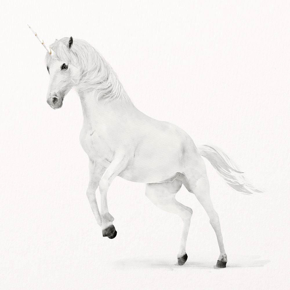 White unicorn watercolor illustration, wildlife design psd