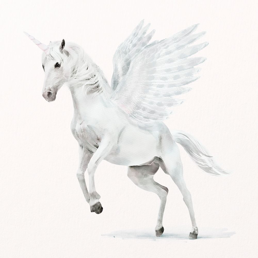 White Pegasus watercolor illustration, wildlife design psd