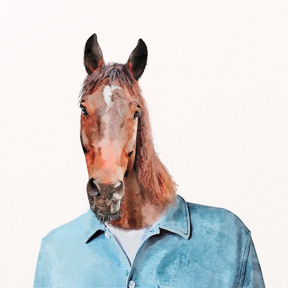 Funny horse man watercolor illustration, character design psd