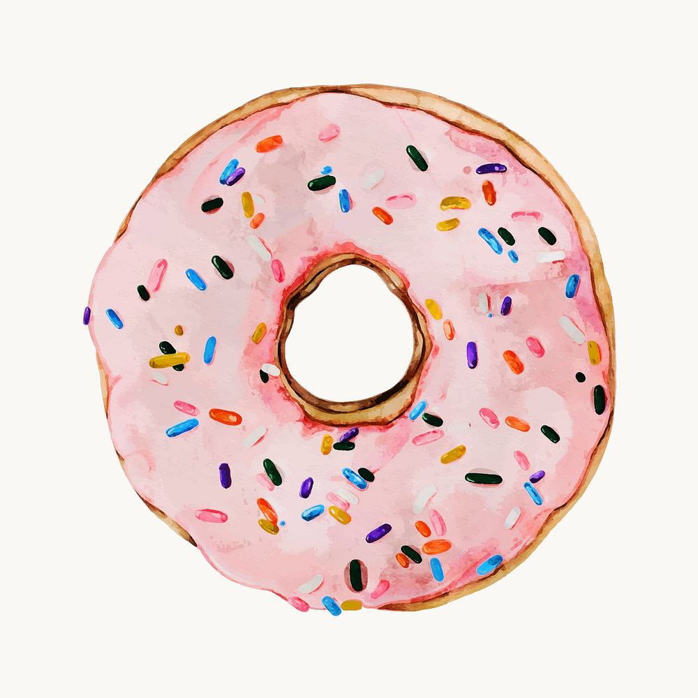 Watercolor pink donut illustration, cute design vector
