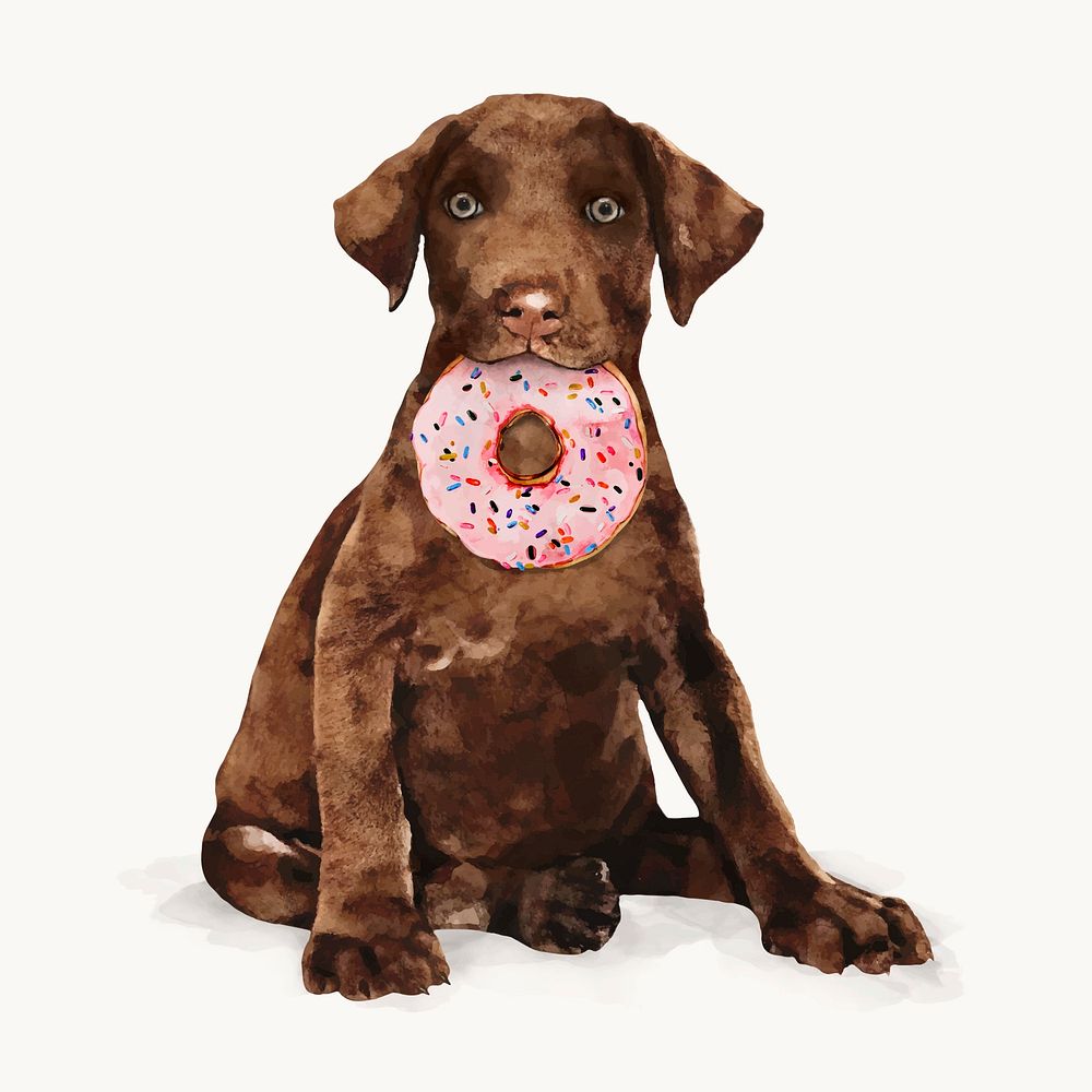 Watercolor dog illustration, puppy eating donut design vector