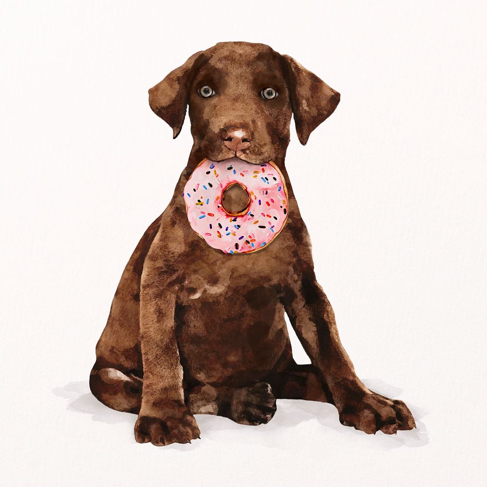 Puppy eating donut watercolor illustration, pet design psd