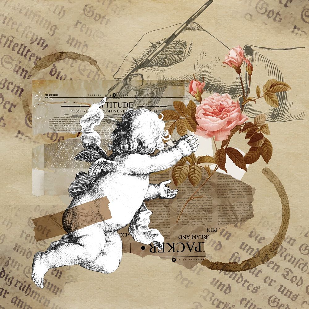 Vintage aesthetic ephemera collage, mixed media background featuring cherub and flower vector