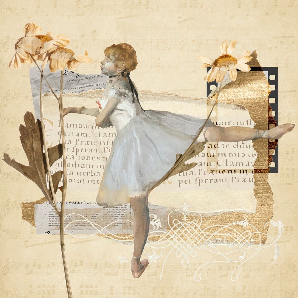 Vintage aesthetic ephemera collage, mixed media background featuring ballerina and flower vector