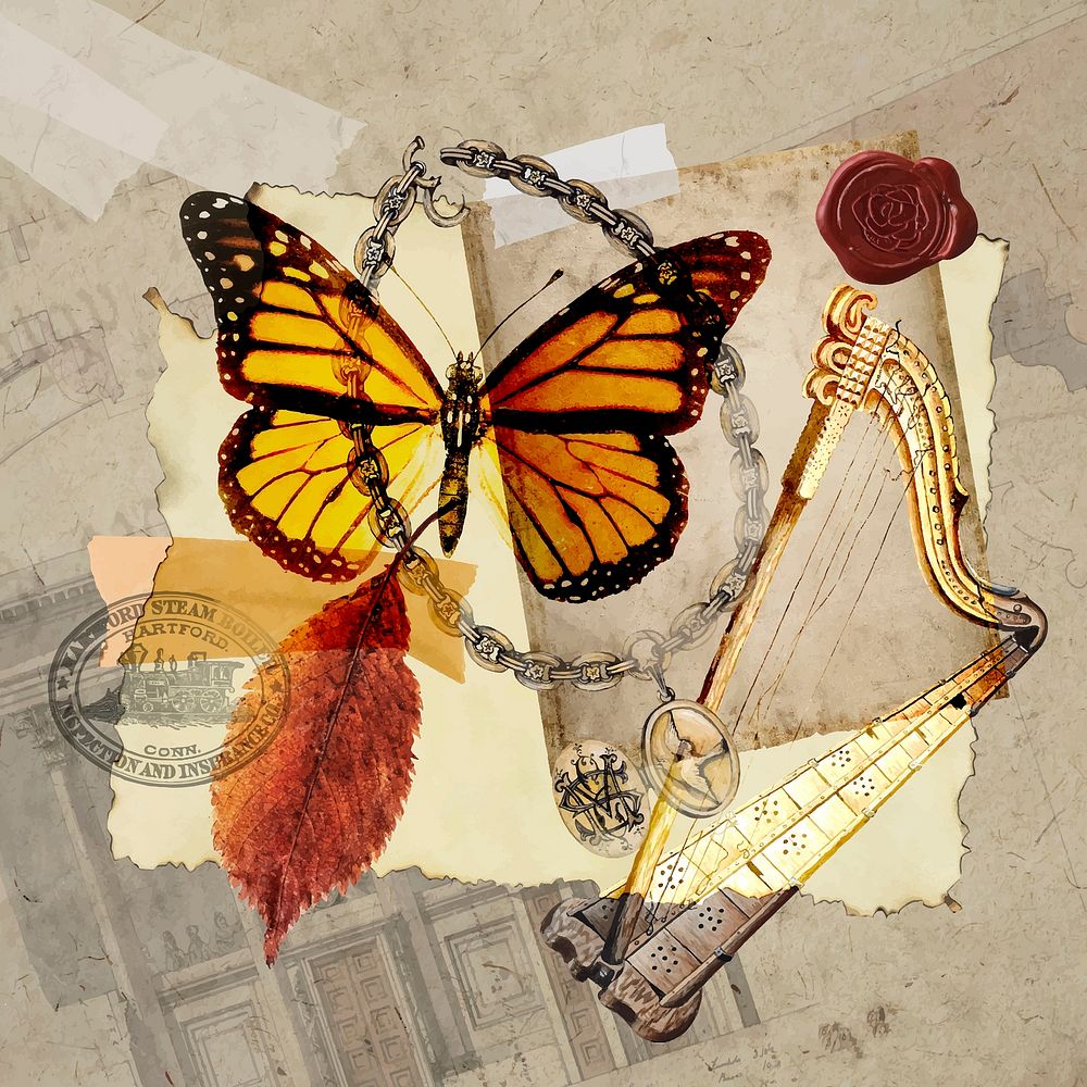 Vintage aesthetic ephemera collage, mixed media background featuring butterfly and harp vector 