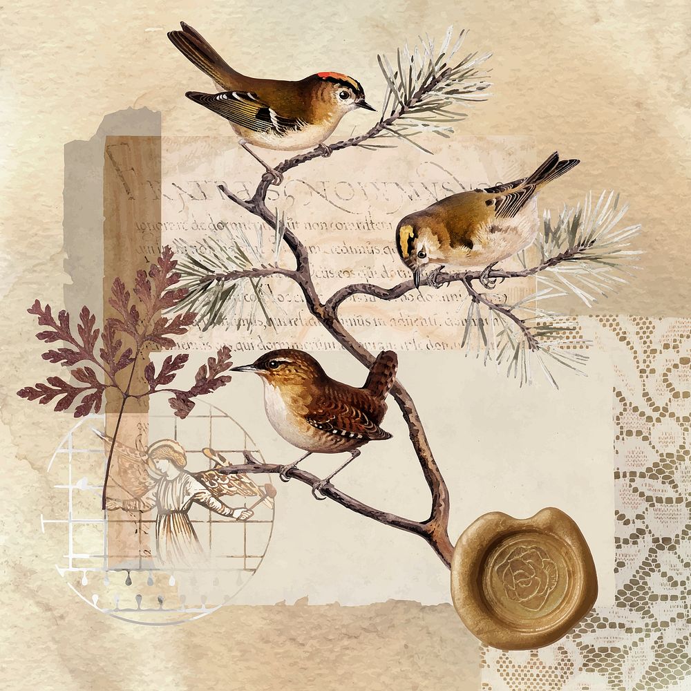 Vintage aesthetic ephemera collage, mixed media background featuring bird and wax seal vector