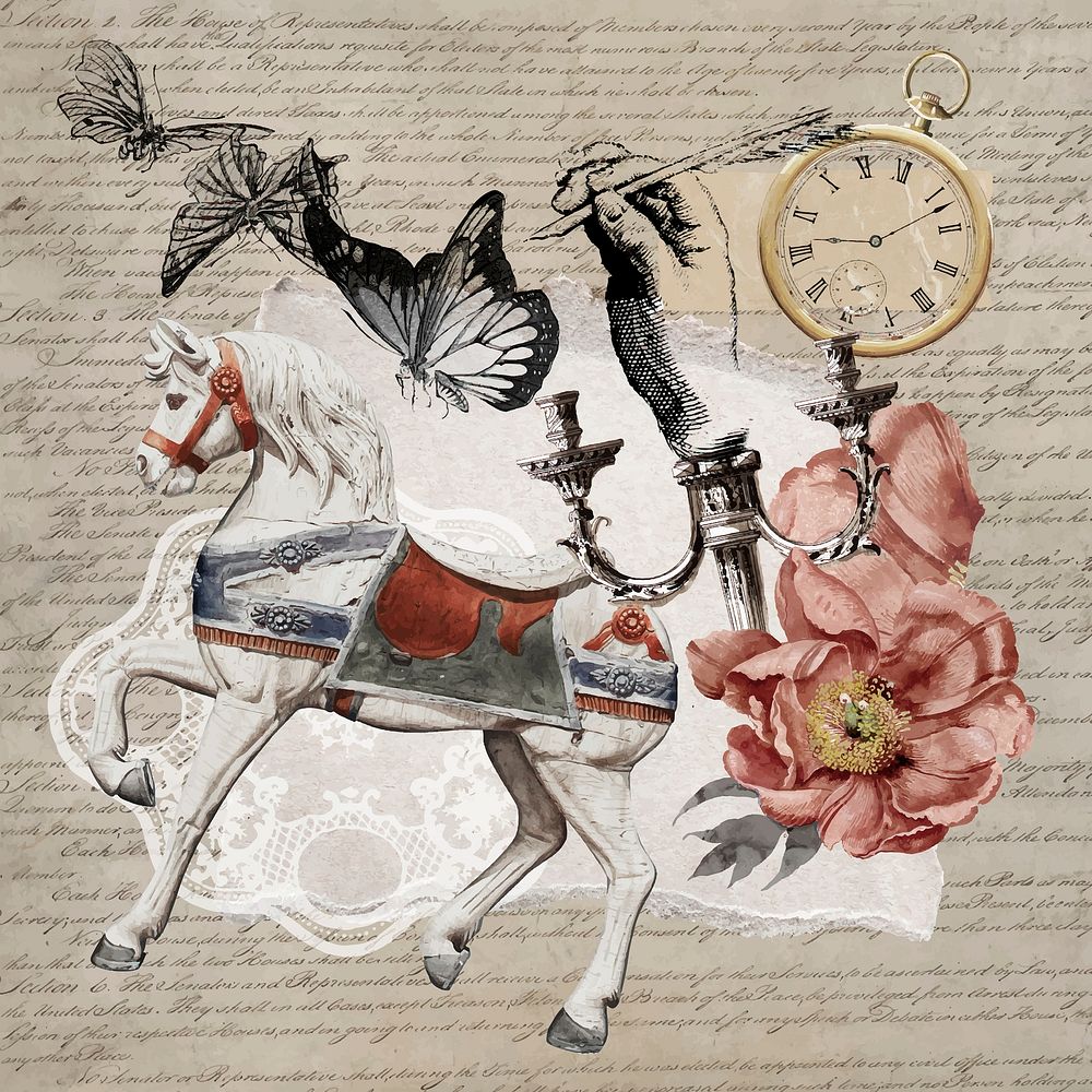 Vintage aesthetic ephemera collage, mixed media background featuring horse and flower vector