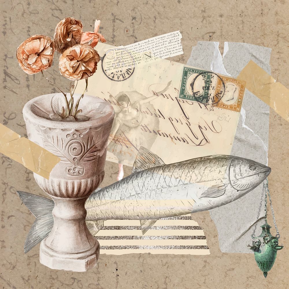 Vintage aesthetic ephemera collage, mixed media background featuring fish and flower vector