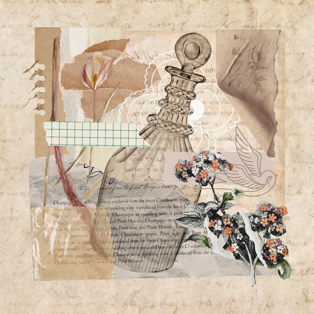 Vintage aesthetic ephemera collage, mixed media background featuring perfume bottle and flower vector