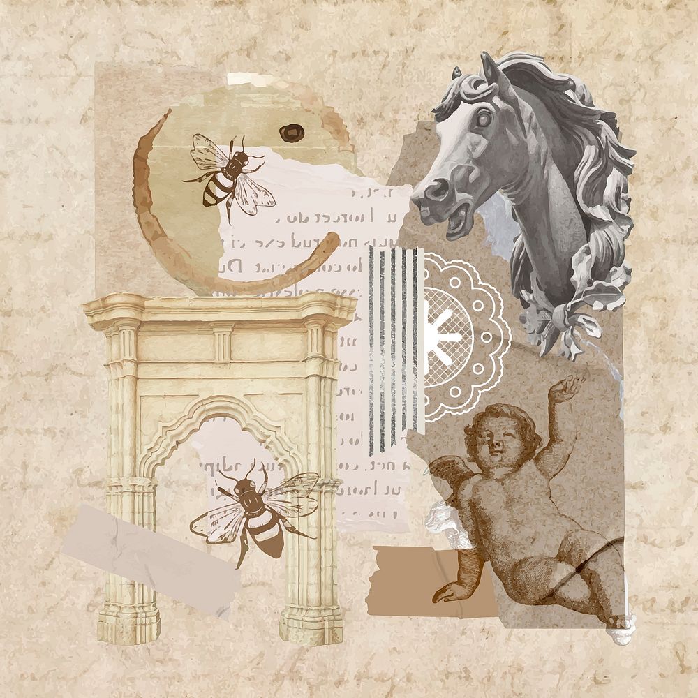 Vintage aesthetic ephemera collage, mixed media background featuring people and flower vector