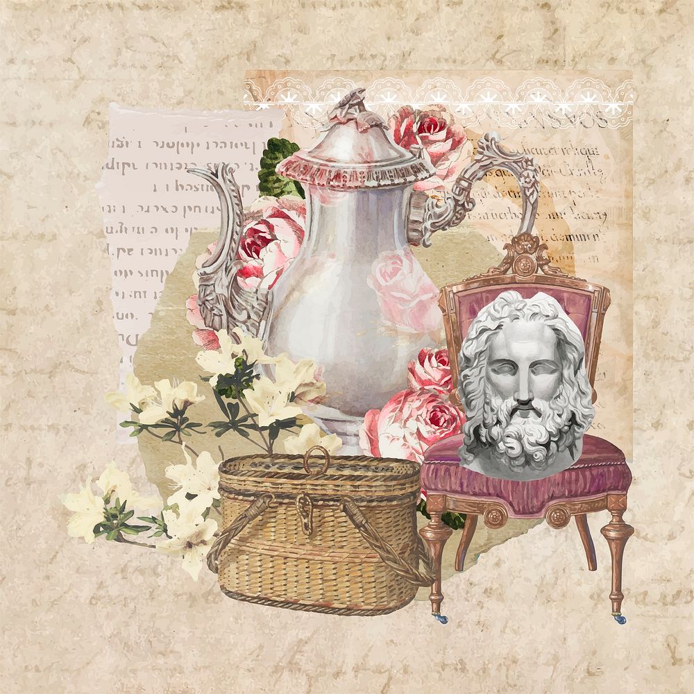 Vintage aesthetic ephemera collage, mixed media background featuring teapot and Greek statue head vector