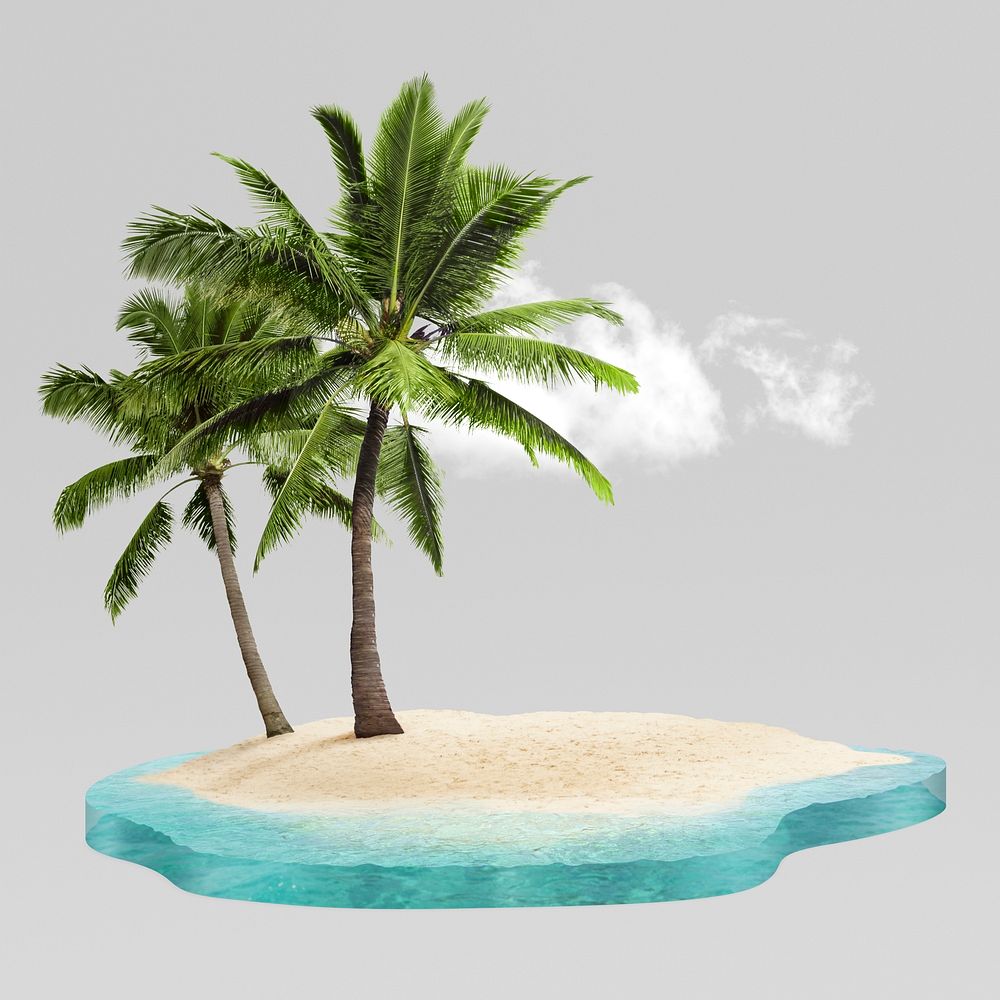 Palm tree on island collage element, beach design psd