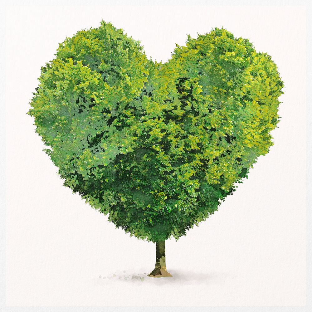 Heart shaped tree watercolor illustration isolated on white background, nature design psd
