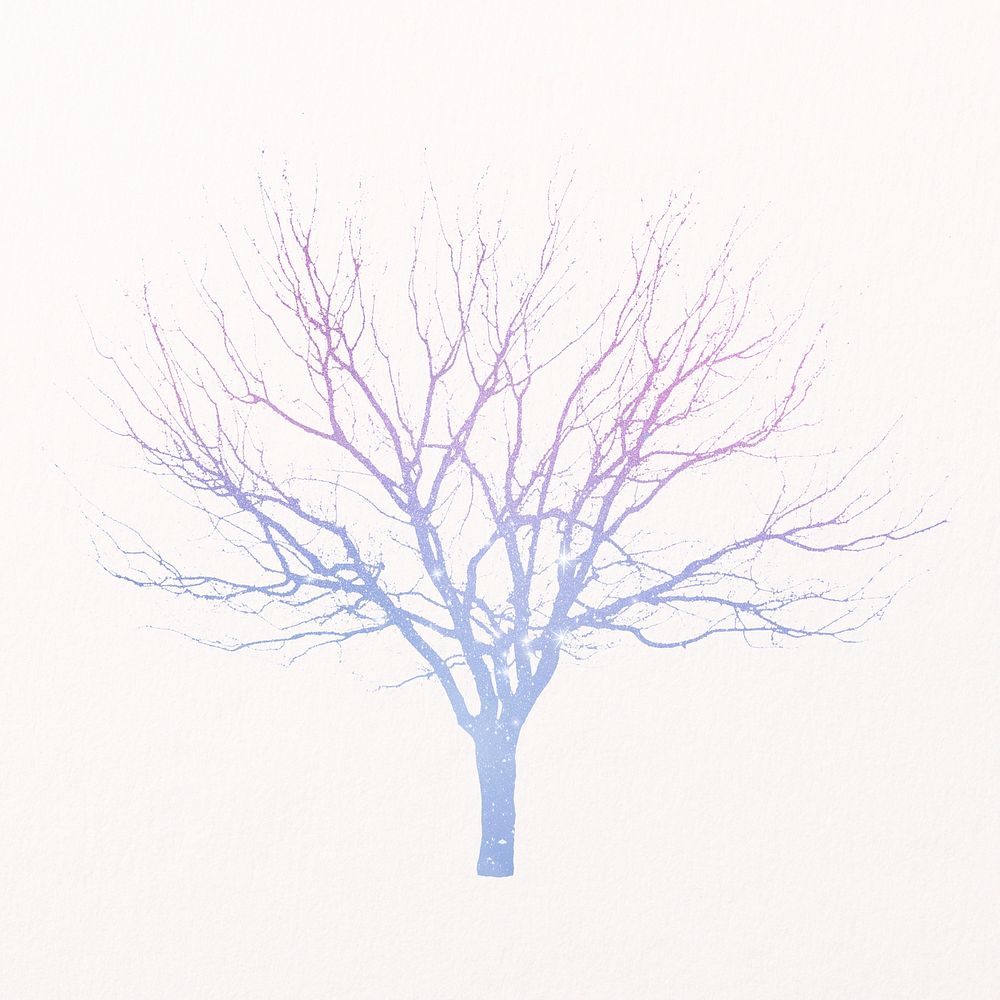 Aesthetic holographic leafless tree isolated on white, nature design